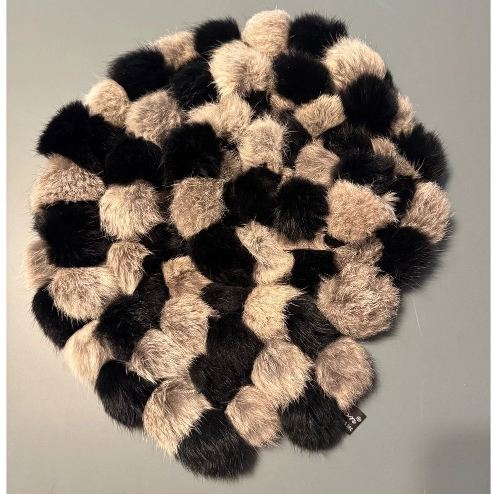 Vintage Y2K Cygnet Genuine Rabbit Fur Pom Pom Scarf Black Brown Tan Wrap
